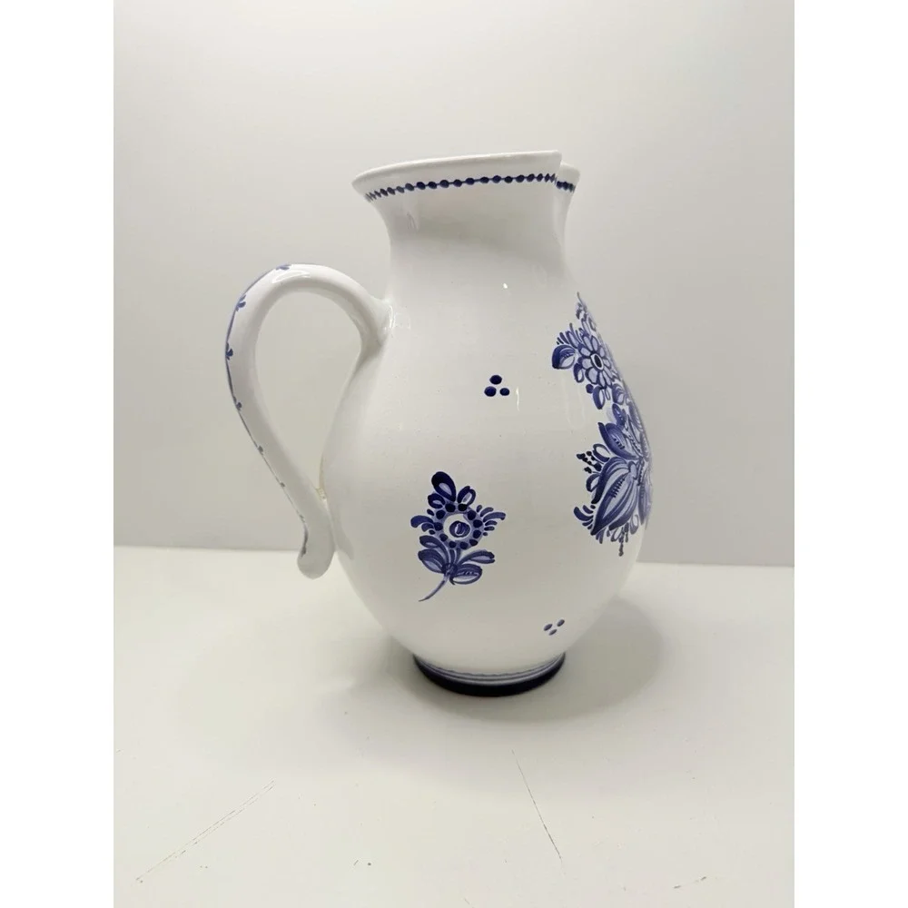 Vintage Luxor Bohemia Pitcher‎ Vase Hand Painted Blue Floral Czech Republic 9